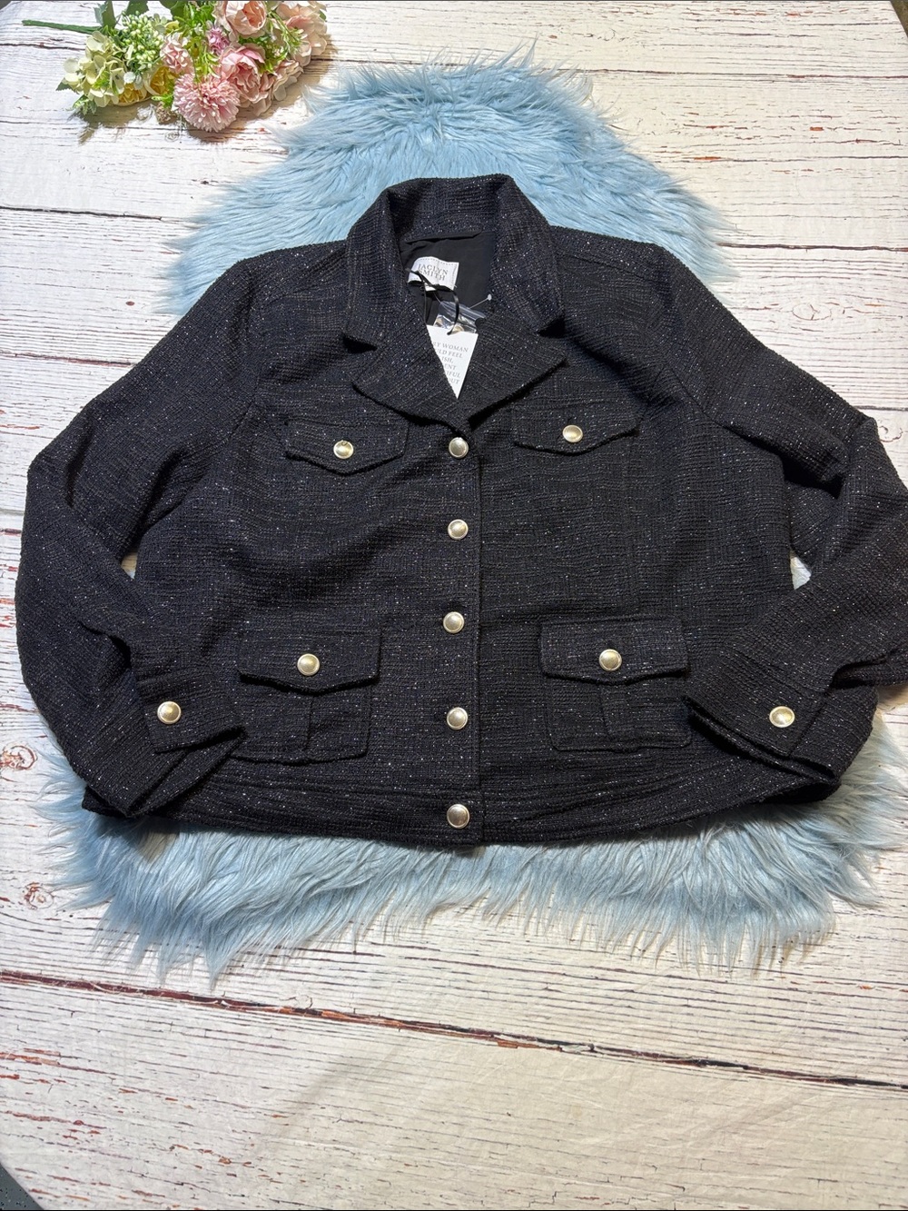 NWT Jaclyn Smith Black Metallic Silver Tweed Blazer Jacket sz XL